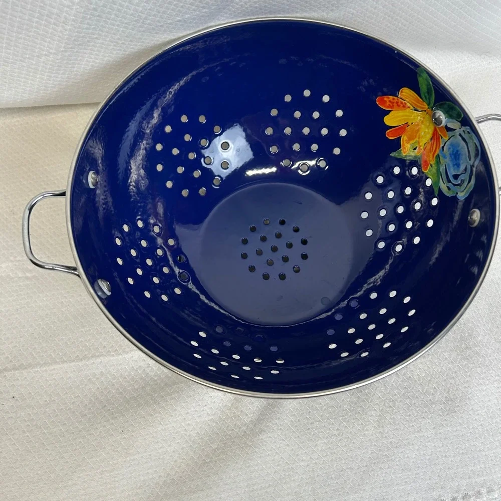 Pioneer Woman Cobalt Blue Floral Enamel Colander Pedestal Strainer 5 qt.